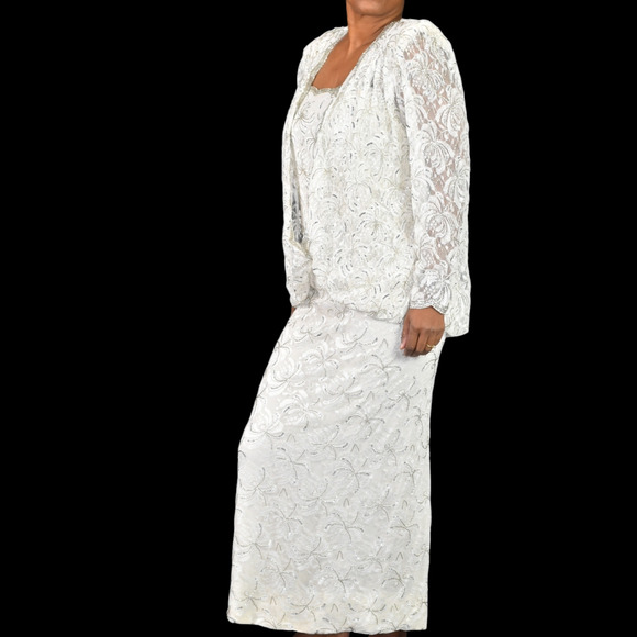Vintage Beaded Lace Dress White 80s Sequin Maxi Blouson Handmade Bespoke Small - Picture 12 of 12